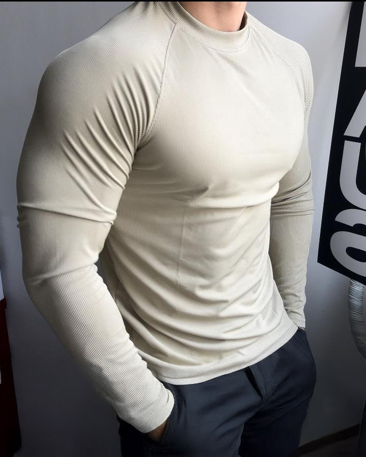 Ribbed Shoulder Cut Crew Neck Long Sleeve