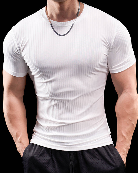 High Stretch Ribbed Stripe Crew Neck Tee New