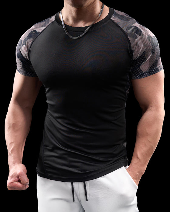 Camo Raglan Mesh Sleeves High Stretch Tee