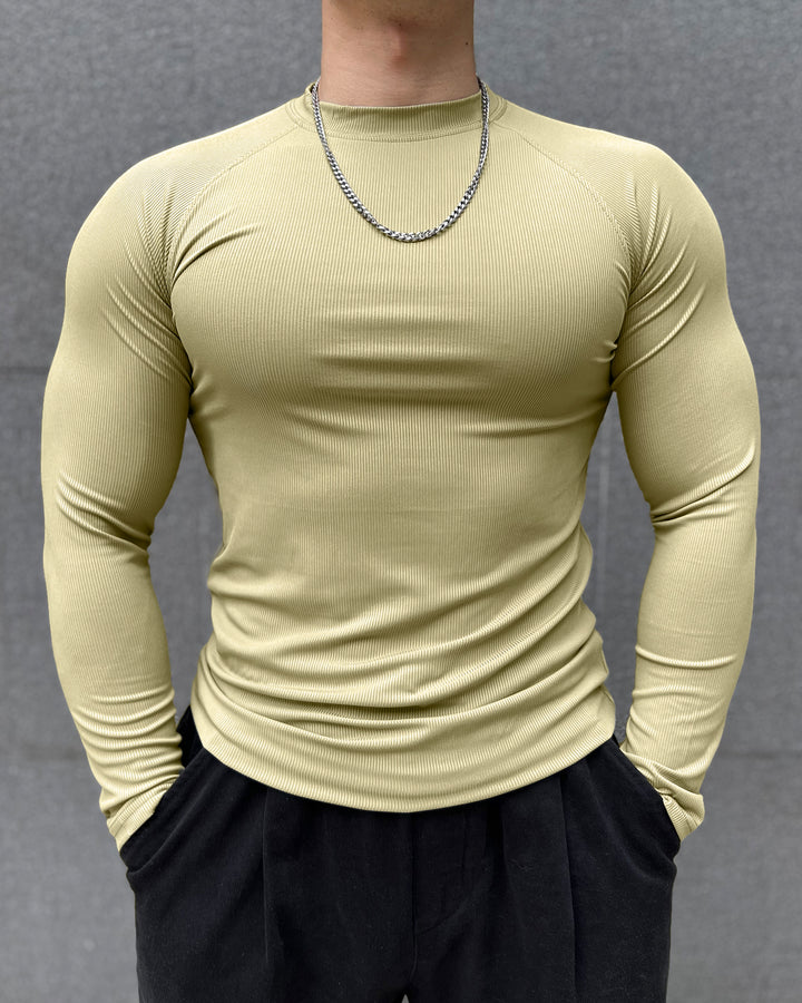 Ribbed Shoulder Cut Crew Neck Long Sleeve