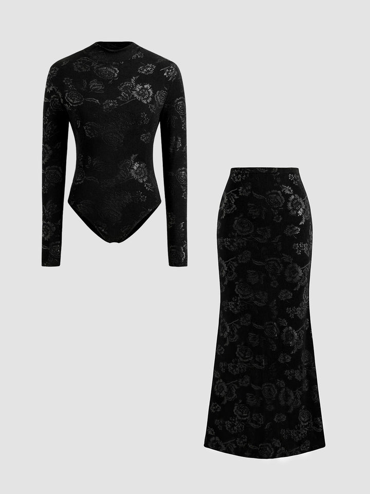 Knitted Floral Embossed Turtleneck Jumpsuit & Skirt 2 Pieces Set