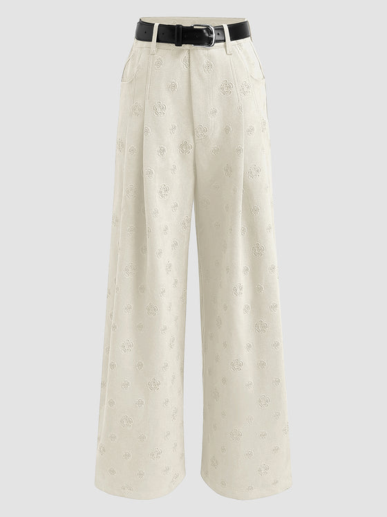 Denim Rose Embossed Wide Leg Pants