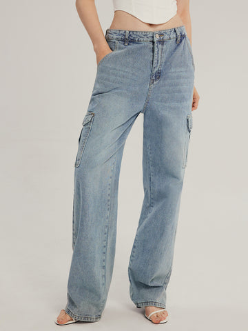 Distressed Side Panel Straight Cargo Jeans