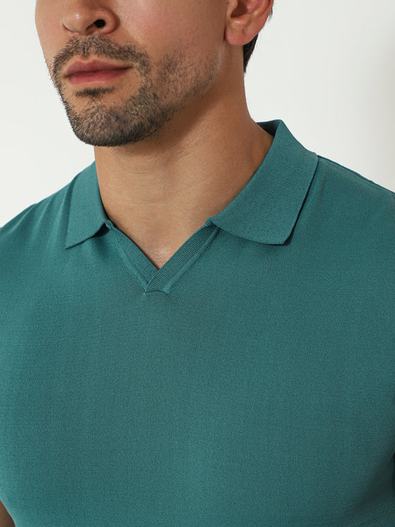 Open Collar Knit Polo Teal