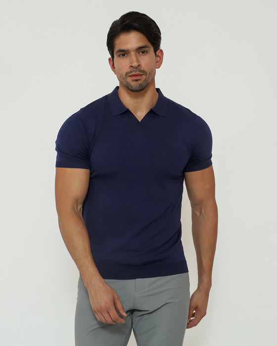 Open Collar Knit Polo Navy