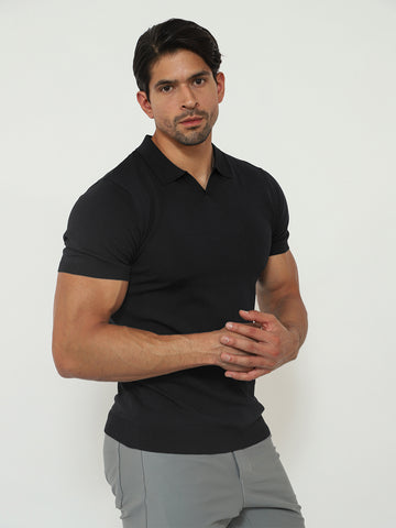 Open Collar Knit Polo Black