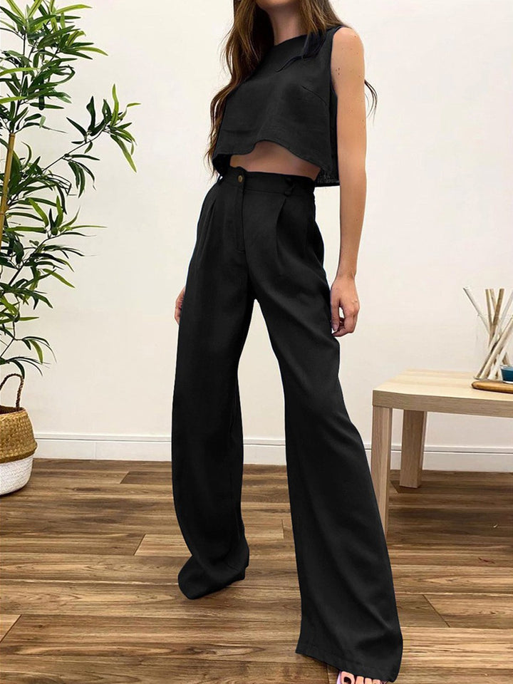 Breezy Cotton Cropped Tank Top +High Waist Pants Set