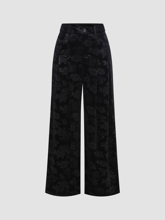 Elegant Rose Embossed Velvet Palazzo Pants