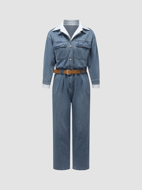 Fake Two-Piece Denim Jumpsuit