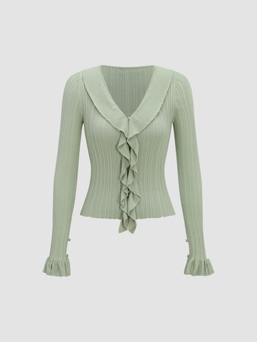 Ruffle Hem One-Button Knitted Cardigan