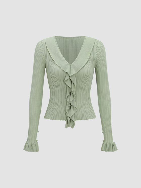 Ruffle Hem One-Button Knitted Cardigan