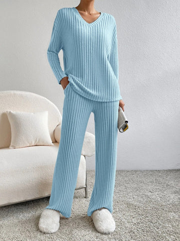 V-Neck Ribbed Design Comfy 2-Pieces Lounge Set