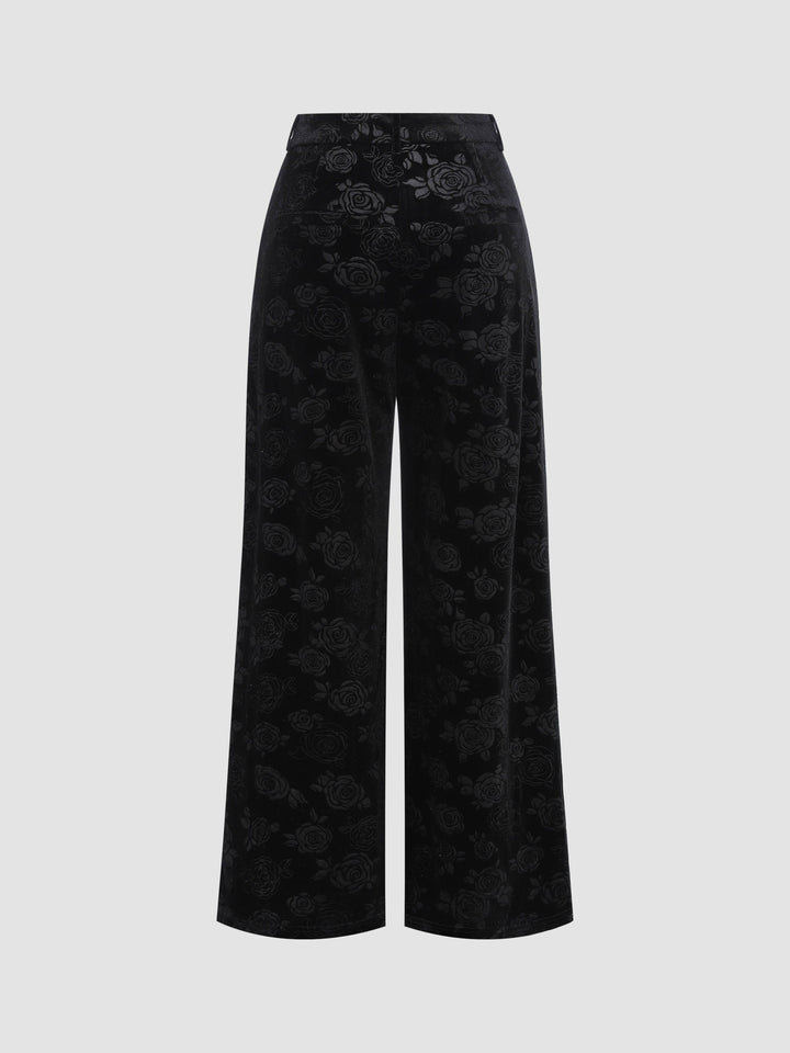 Elegant Rose Embossed Velvet Palazzo Pants